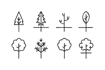 Simple Outline Icons Of Various Trees And A Leaf On White Background nature plant