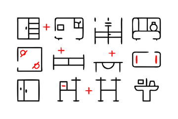 Simple Outline Icons of Furniture and Home Fixtures with Red Plus Signs line art