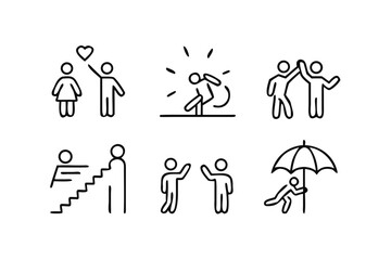 Six Simple Line Art Icons of People in Various Activities silhouette graphic