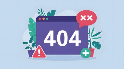 Illustration of a webpage showing error code four oh four with plants and warning sign around it