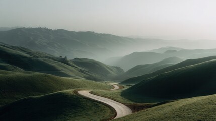 Landscape of rolling green hills and winding road under morning light in a serene countryside setting
