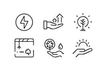 Six thin line environmental conservation and renewable energy icons sustainability ecology