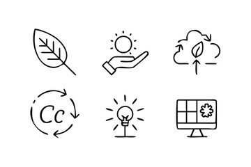 Six simple line icons representing environmental concepts leaf hand