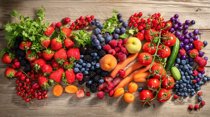 Fresh fruits and vegetables arranged beautifully on a wooden surface, captured from an overhead angle with soft lighting.