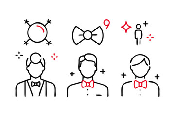 Three men in tuxedos with bow ties and festive accents formal wear