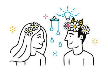 Two people sharing ideas with a lightbulb and water drops couple communication