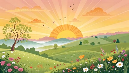 Fototapeta premium A vibrant cartoon landscape with rolling hills, flowers, a sun, and birds at sunrise or sunset