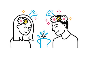 Two people sharing ideas with colorful flowers and water drops woman