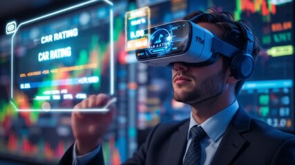 Businessman Using VR Headset for Data Analysis and Financial Market Monitoring - Powered by Adobe