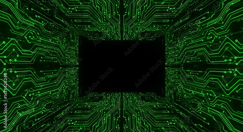 Aufkleber futuristic digital tunnel with glowing green circuit board patterns. abstract technology and cybersp