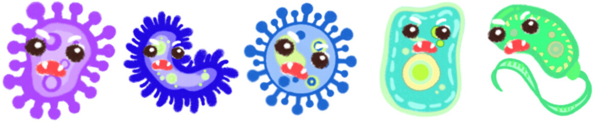 Cute Cartoon Style Virus and Bacteria Icons for Science, Biology, Health Education and Microorganism Illustrations