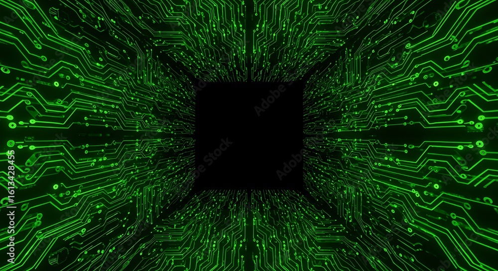 Poster a journey through a futuristic digital tunnel with glowing green electronic circuit patterns on a bl