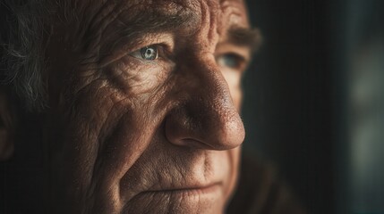 Elderly man with deep wrinkles gazing thoughtfully out of a window in dim light during a quiet afternoon