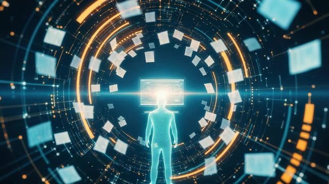 A futuristic scene depicting a human silhouette standing in a digital vortex surrounded by floating data sheets symbolizing technology and information processing in a high-tech environment