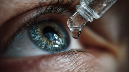 Eye drop falling into blue eye, treating dry eyes or infection