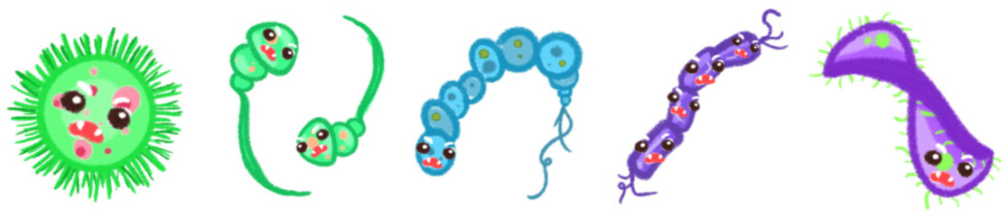 Cute Cartoon Style Virus and Bacteria Icons for Science, Biology, Health Education and Microorganism Illustrations