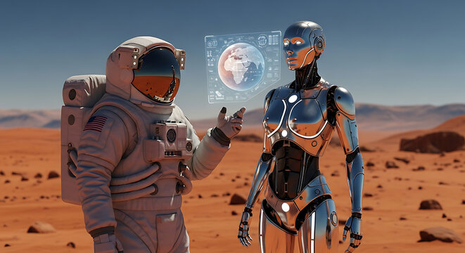 Astronaut and robot on Mars, discussing a holographic Earth.