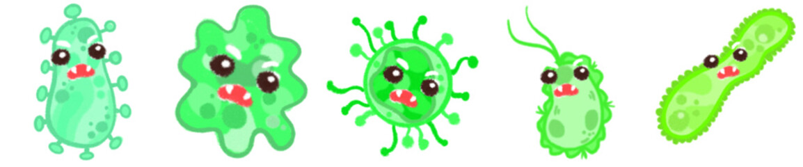 Cute Cartoon Style Virus and Bacteria Icons for Science, Biology, Health Education and Microorganism Illustrations