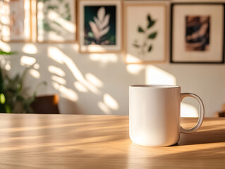 A white coffee mug rests on a wooden table, bathed in warm, dappled sunlight from a window.