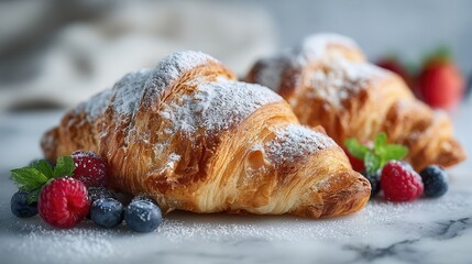 Freshly baked croissants topped with berries and powdered sugar on a marble platter