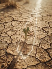 Fototapeta premium A small cactus growing in a dry cracked earth environment with a light effect shining on the plant