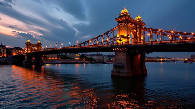 Scenic bridge over tranquil river surrounded by lush greenery and a clear blue sky