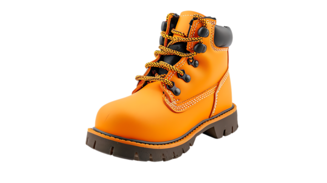 A single orange work boot with laces and a dark sole set against a simple studio space view shot