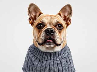 French Bulldog with a cute expression wearing a sweater against a white background