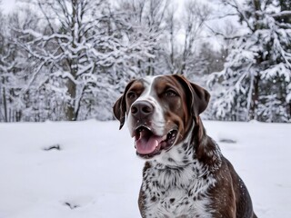 Happy dog in the snow during winter in a snowy forest