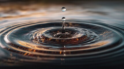Water droplet creates ripples on a calm surface during sunset at a tranquil lakeside