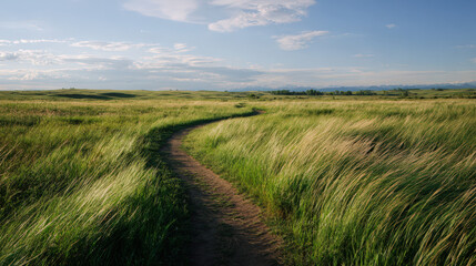 Winding path through lush green fields scenic landscape nature photography open sky tranquil environment