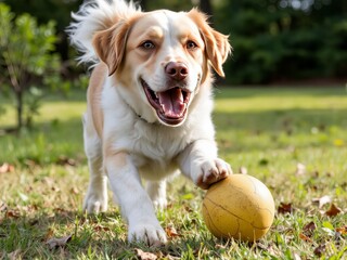 Happy dog playing with ball in a green park
