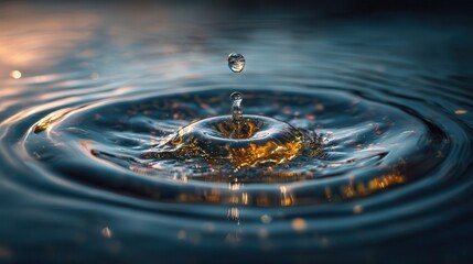 Water droplet creates ripples on a calm surface during sunset at a tranquil lakeside