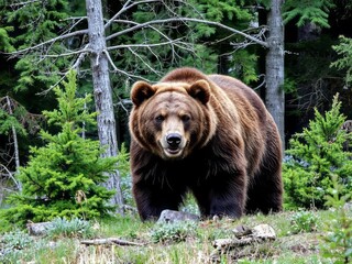 Grizzly bear standing in the forest with majestic presence