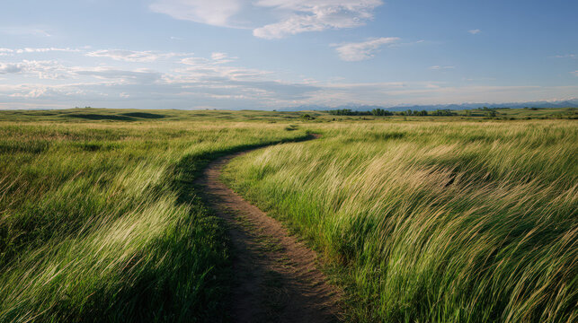 Winding path through lush green fields scenic landscape nature photography open sky tranquil environment