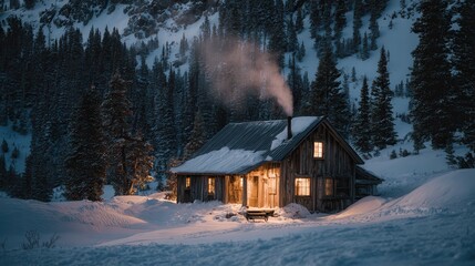 Cozy mountain cabin surrounded by snow-covered peaks on a chilly winter evening