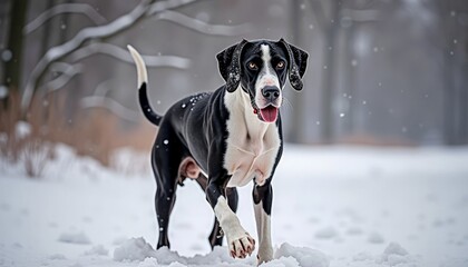 Playful dog running in the snow during winter with a snowy background