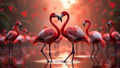 Romantic pair of flamingos in love surrounded by hearts in a serene water setting
