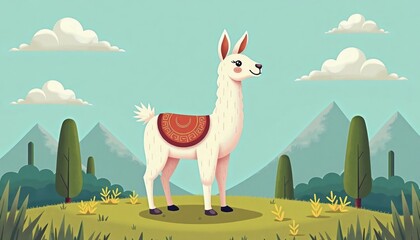 Cartoon illustration of a llama standing in a stylized landscape with mountains