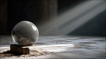 Cracked glass crystal ball on stone pedestal, sunlight streaming through dusty abandoned room, mysterious and dramatic atmosphere