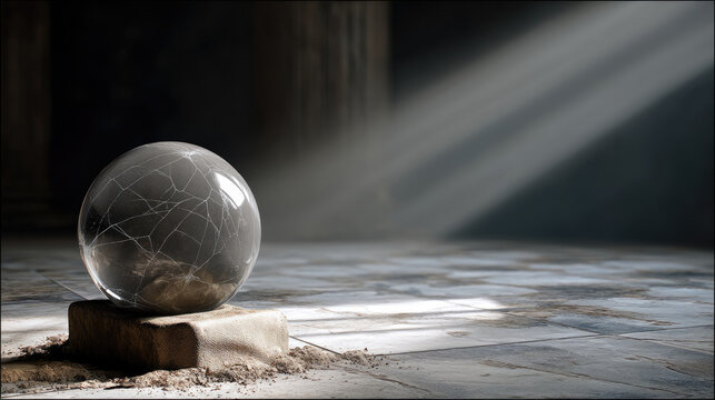 Cracked glass crystal ball on stone pedestal, sunlight streaming through dusty abandoned room, mysterious and dramatic atmosphere