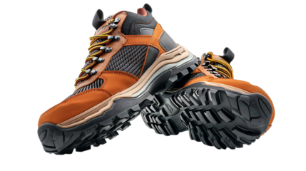 A pair of hiking boots shown at an angle with orange leather and rugged dark soles visible closely