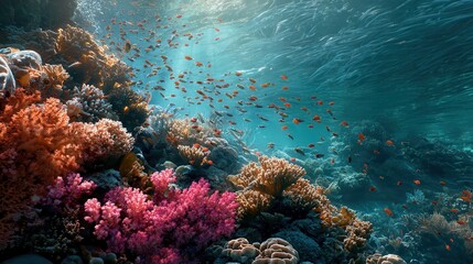 Vibrant underwater coral reef teeming with colorful fish in clear blue water
