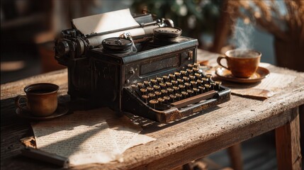 Vintage typewriter on a rustic table with coffee and crumpled papers in a cozy workspace during afternoon light