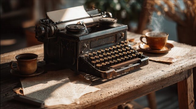 Vintage typewriter on a rustic table with coffee and crumpled papers in a cozy workspace during afternoon light