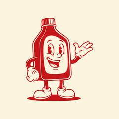 Retro Cartoon Ketchup or Sauce Bottle Character Waving Mascot Vector Illustration
