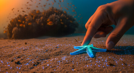 Glowing Blue Starfish on Sandy Ocean Floor with Coral Background in Underwater Scene