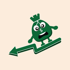 A vector illustration of a cute money bag character with a panicked expression standing on a downward-pointing arrow graph.