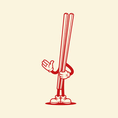 Retro Cartoon Chopsticks Character Waving Hand Mascot Vector Illustration