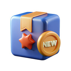 3d rendering of a blue gift box with a ribbon and a new tag isolated on transparent background